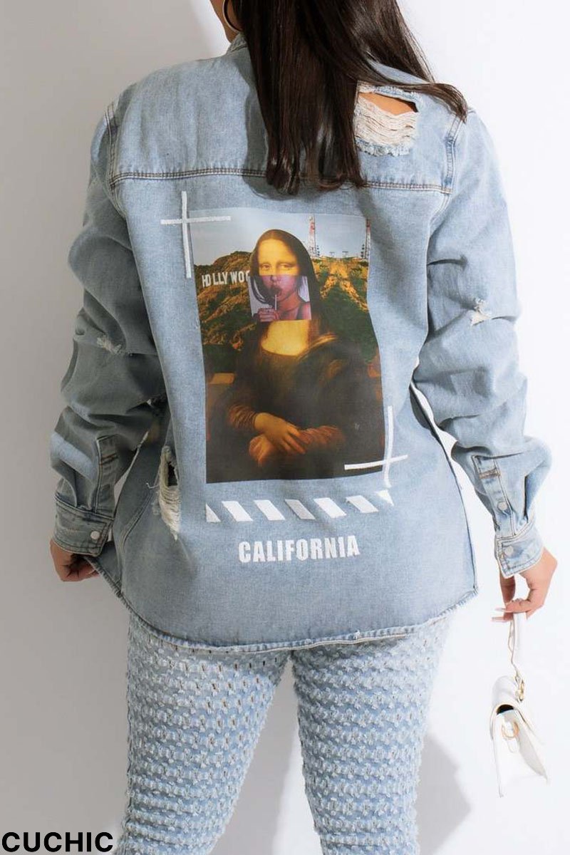 Light Blue Casual Street Print Ripped Make Old Patchwork Buckle Turndown Collar Long Sleeve Straight Denim Jacket-CuChic
