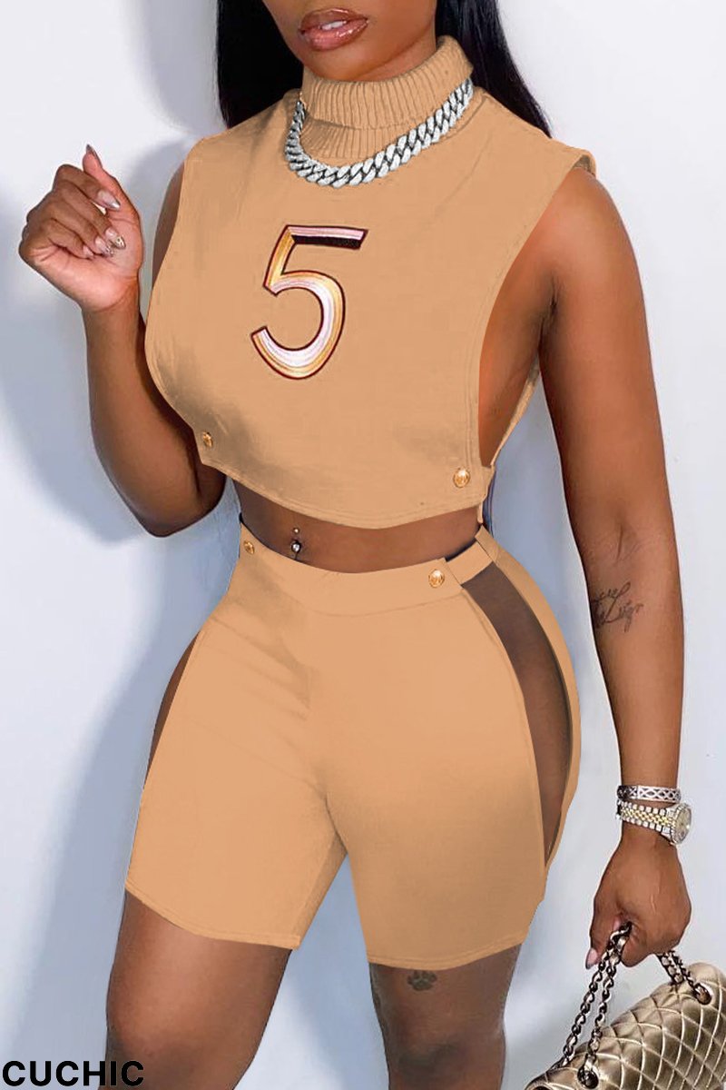 Khaki Fashion Sexy Print Hollowed Out Turtleneck Sleeveless Two Pieces-CuChic