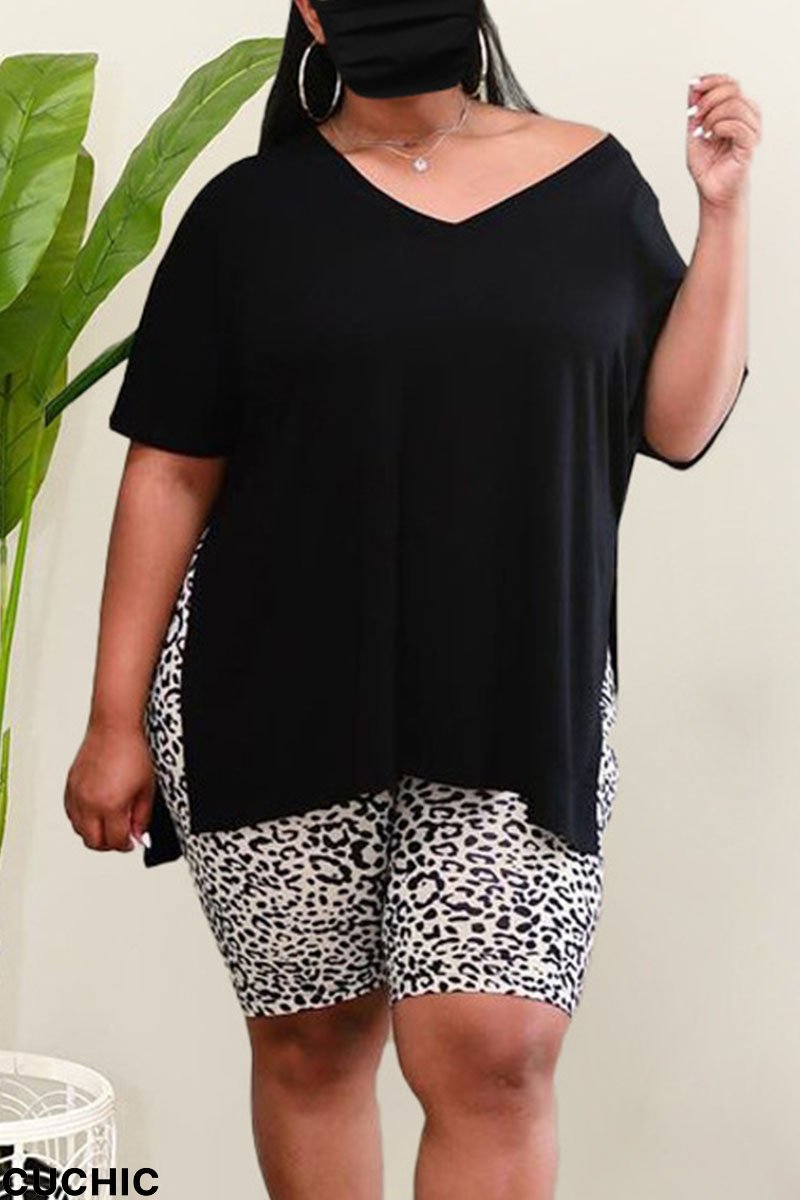 Black Casual Print Leopard Patchwork Slit V Neck Plus Size Two Pieces-CuChic
