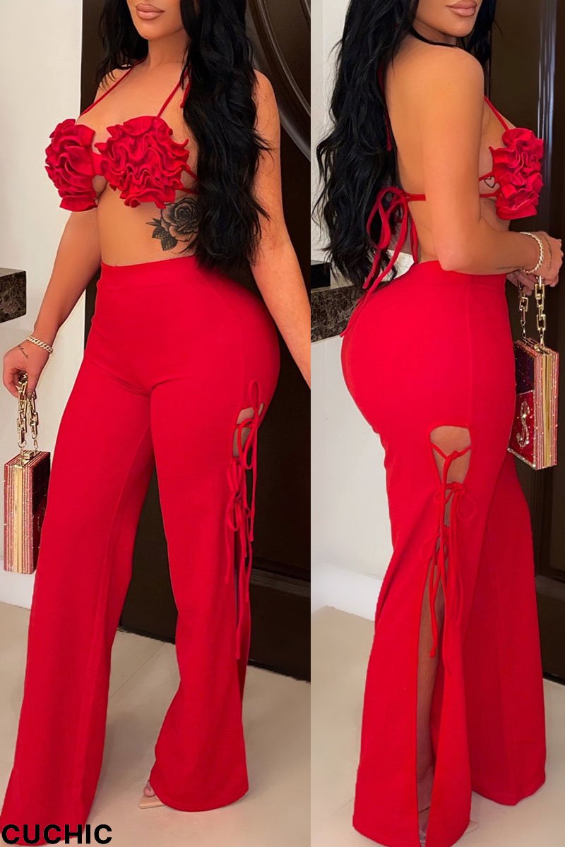 Red Sexy Solid Hollowed Out Patchwork Frenulum Halter Sleeveless Two Pieces-CuChic