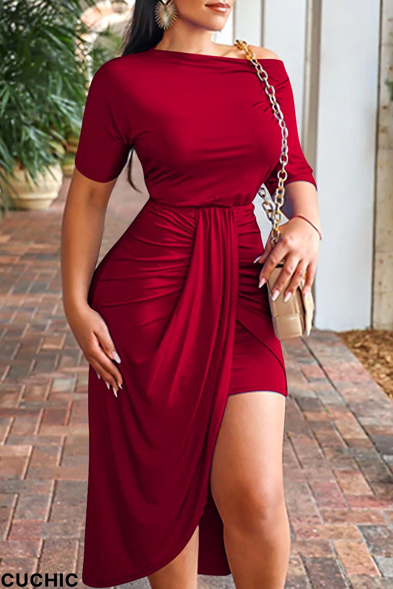 Burgundy Fashion Casual Solid Patchwork O Neck Short Sleeve Dress-CuChic
