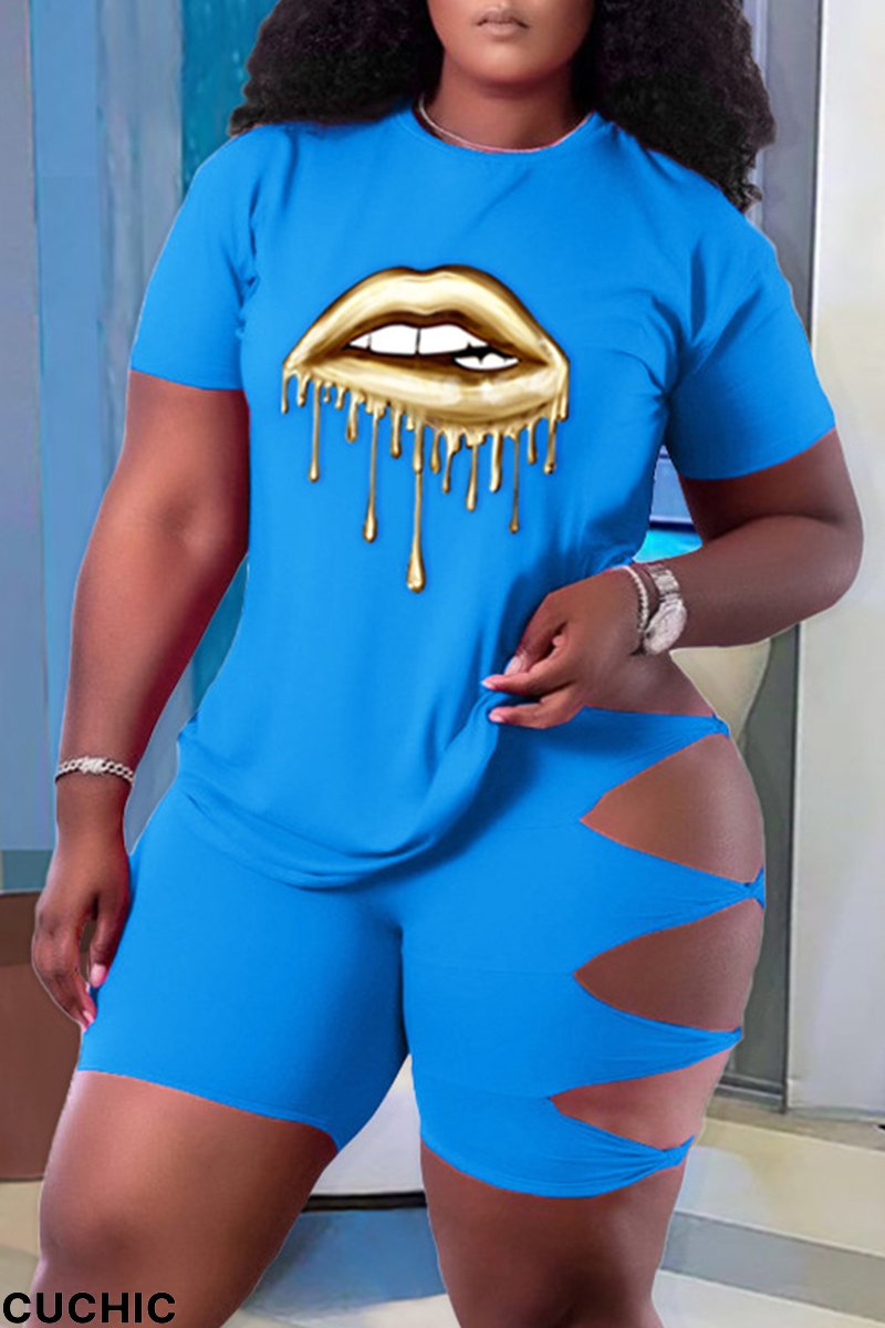 Sky Blue Fashion Casual Lips Printed Ripped Hollowed Out O Neck Plus Size Two Pieces-CuChic