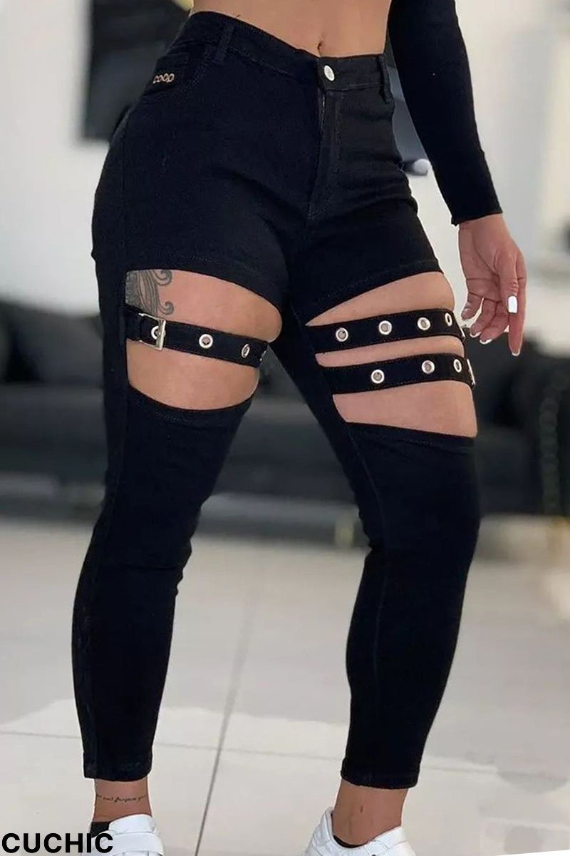 Black Fashion Casual Solid Hollowed Out Patchwork Skinny High Waist Pencil Solid Color Bottoms-CuChic