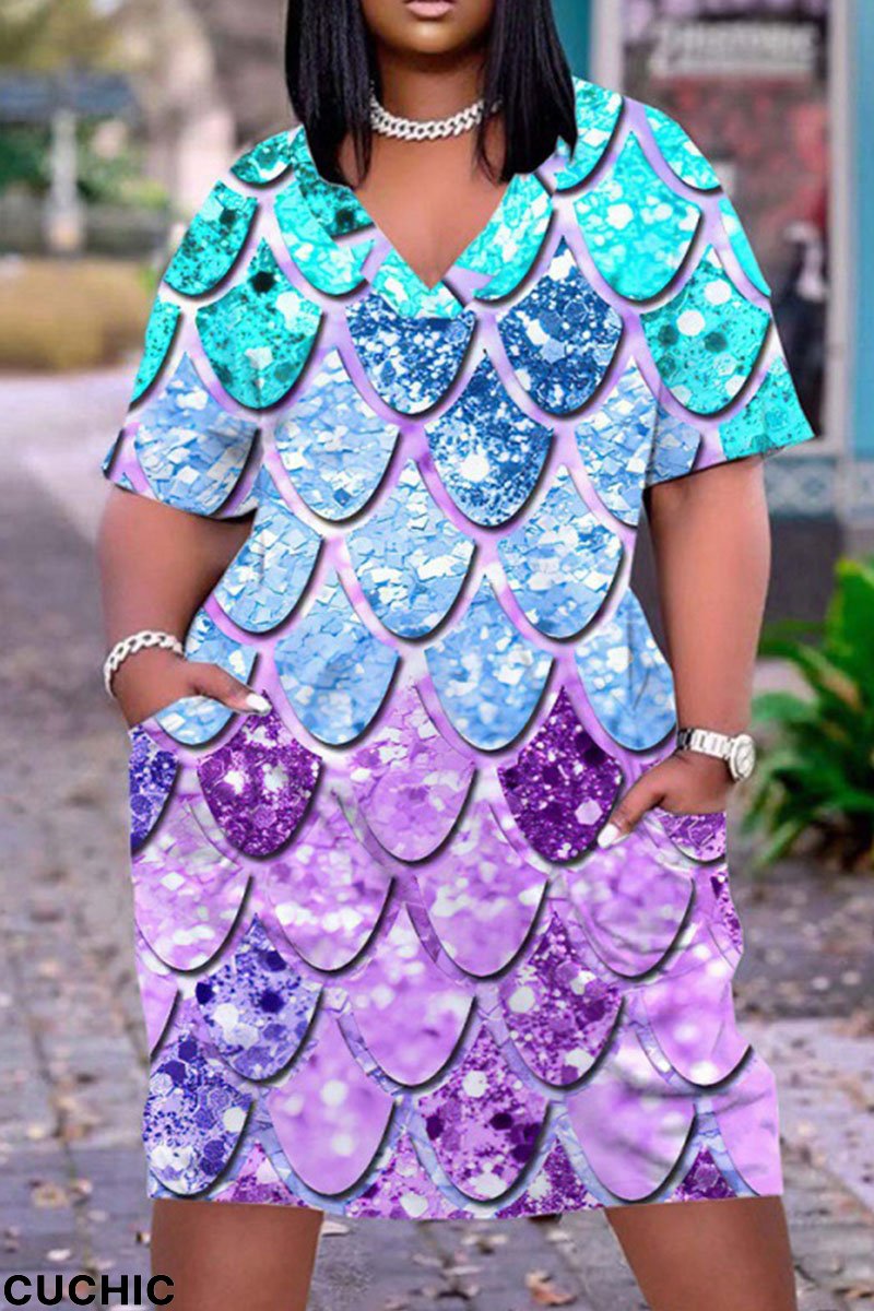 Purple Casual Street Print Patchwork V Neck Straight Dresses-CuChic