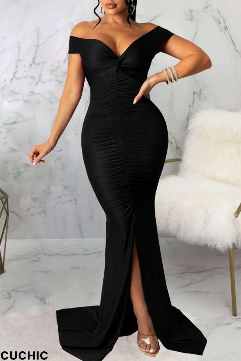 Black Sexy Elegant Solid Split Joint Slit Fold V Neck Straight Dresses-CuChic