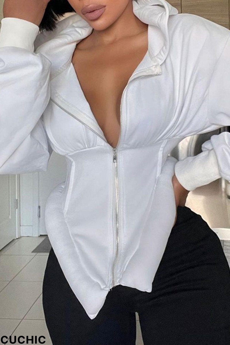 White Fashion Casual Solid Patchwork Asymmetrical Hooded Collar Outerwear-CuChic