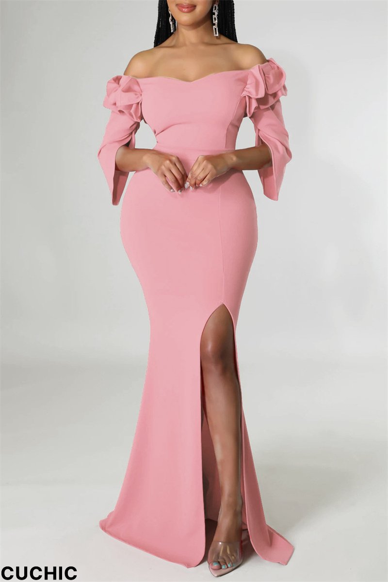 Pink Fashion Sexy Solid Split Joint Slit Off the Shoulder Evening Dress-CuChic