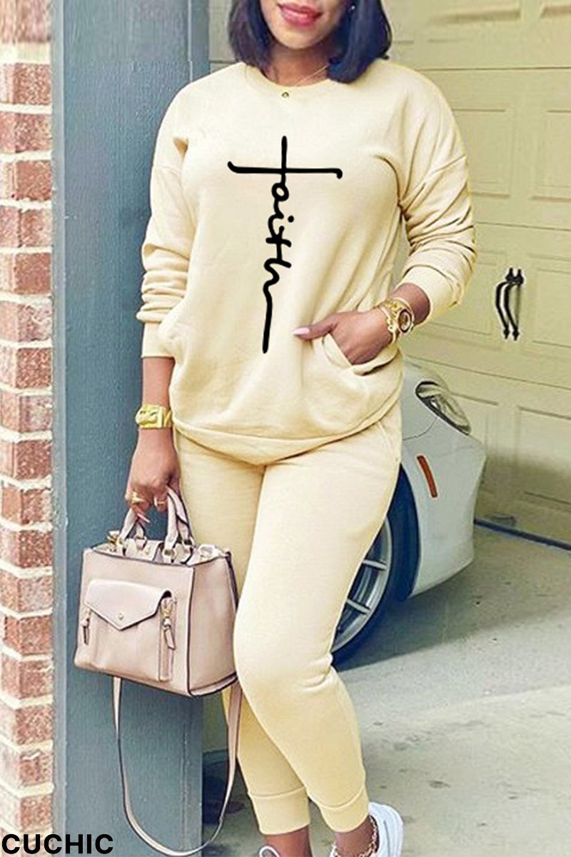 Apricot Casual Print Patchwork O Neck Long Sleeve Two Pieces-CuChic