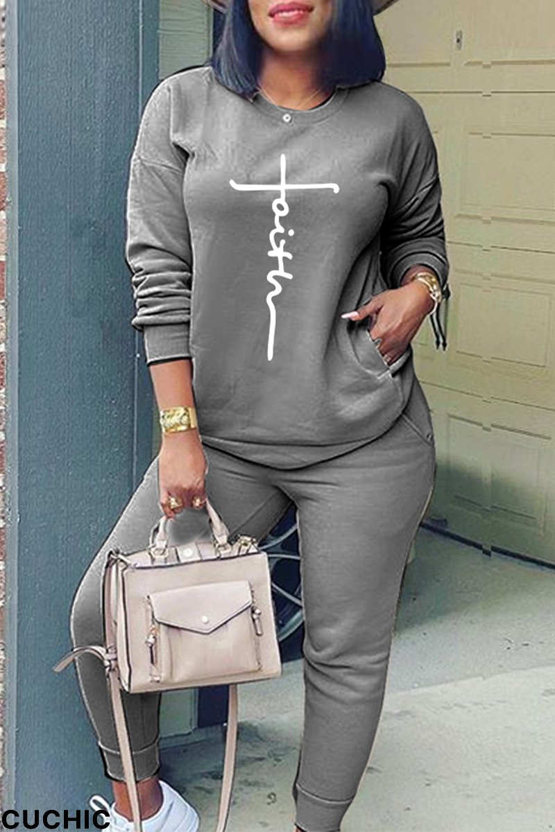 Dark Gray Casual Print Patchwork O Neck Long Sleeve Two Pieces-CuChic