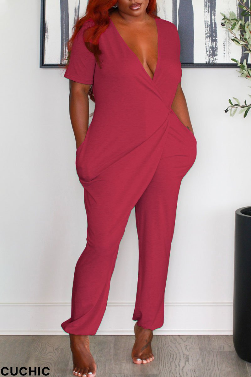 Rose Red Casual Solid Patchwork V Neck Straight Jumpsuits-CuChic