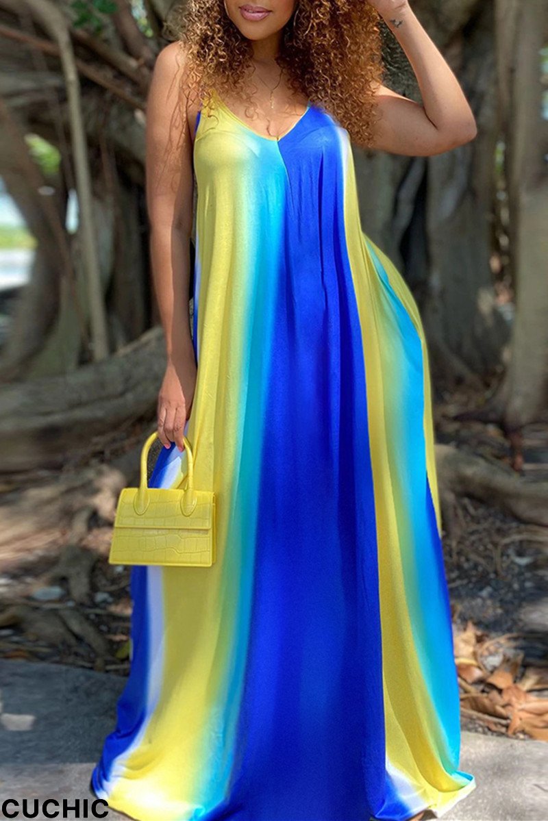 Blue Fashion Sexy Print Backless Spaghetti Strap Long Dress-CuChic
