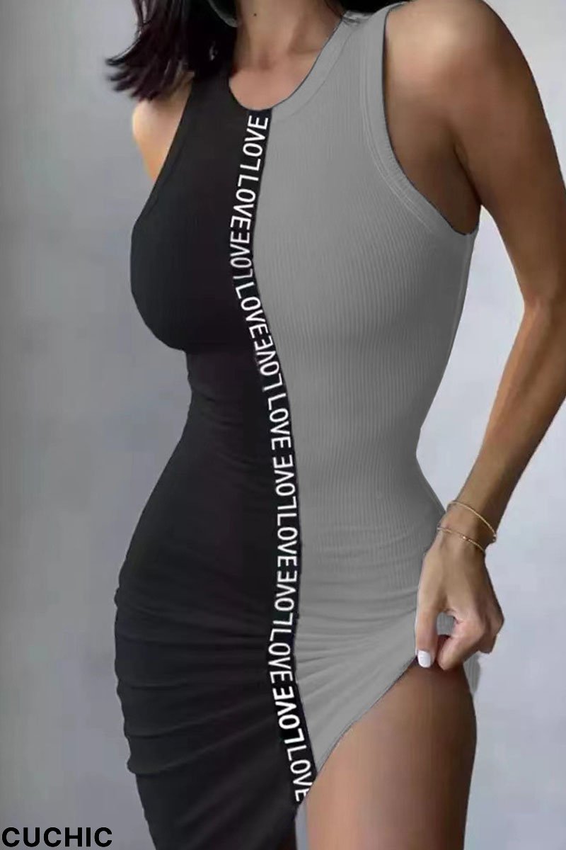 Grey Sexy Street Letter Print Patchwork O Neck Pencil Skirt Dresses-CuChic