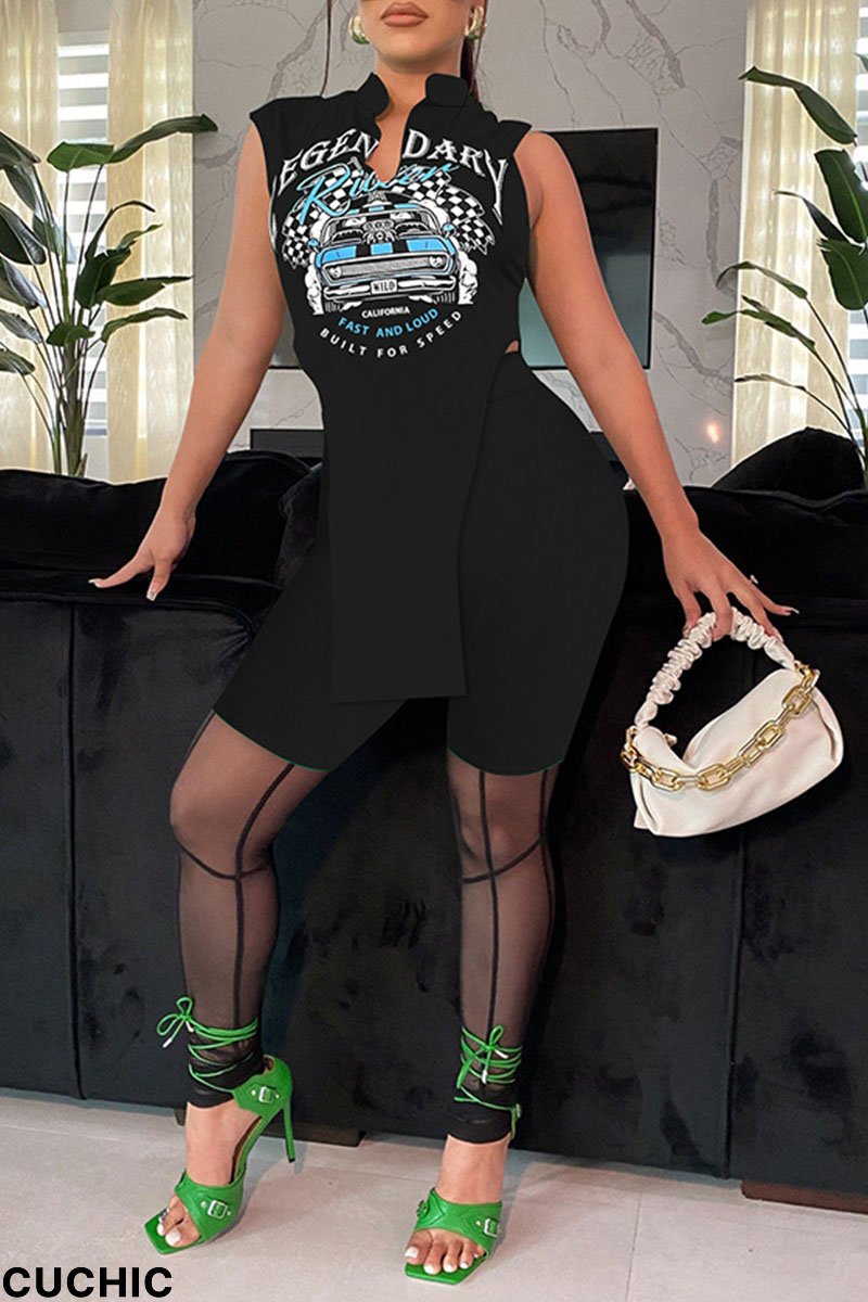 Black Casual Street Print Patchwork Slit V Neck Sleeveless Two Pieces-CuChic