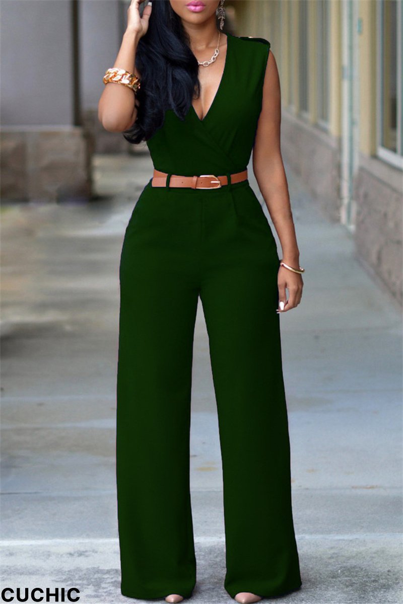 Ink Green Fashion Casual Solid Patchwork With Belt V Neck Regular Jumpsuits-CuChic