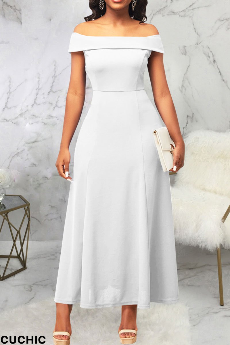 White Sexy Solid Patchwork Off the Shoulder Long Dress Dresses-CuChic