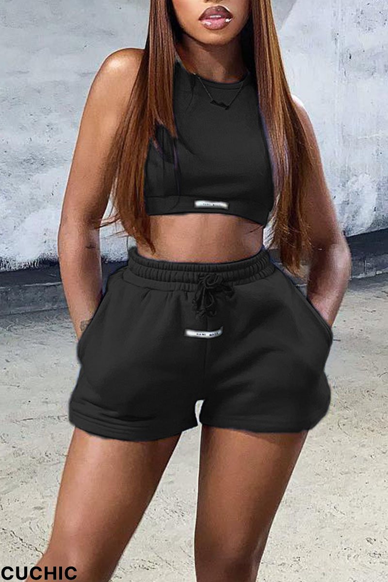 Black Casual Sportswear Solid Patchwork O Neck Two Pieces-CuChic