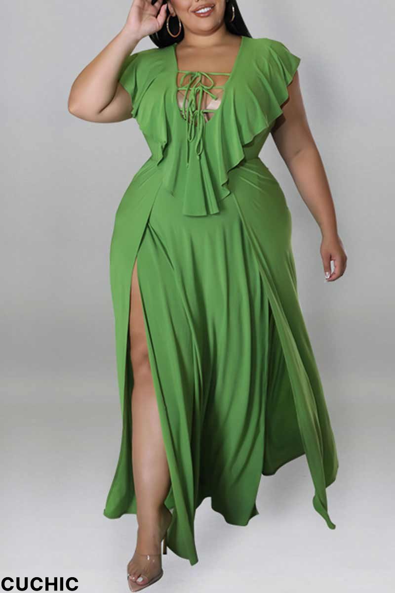 Green Sexy Solid Bandage Hollowed Out Patchwork Flounce Slit Straight Plus Size Dresses-CuChic