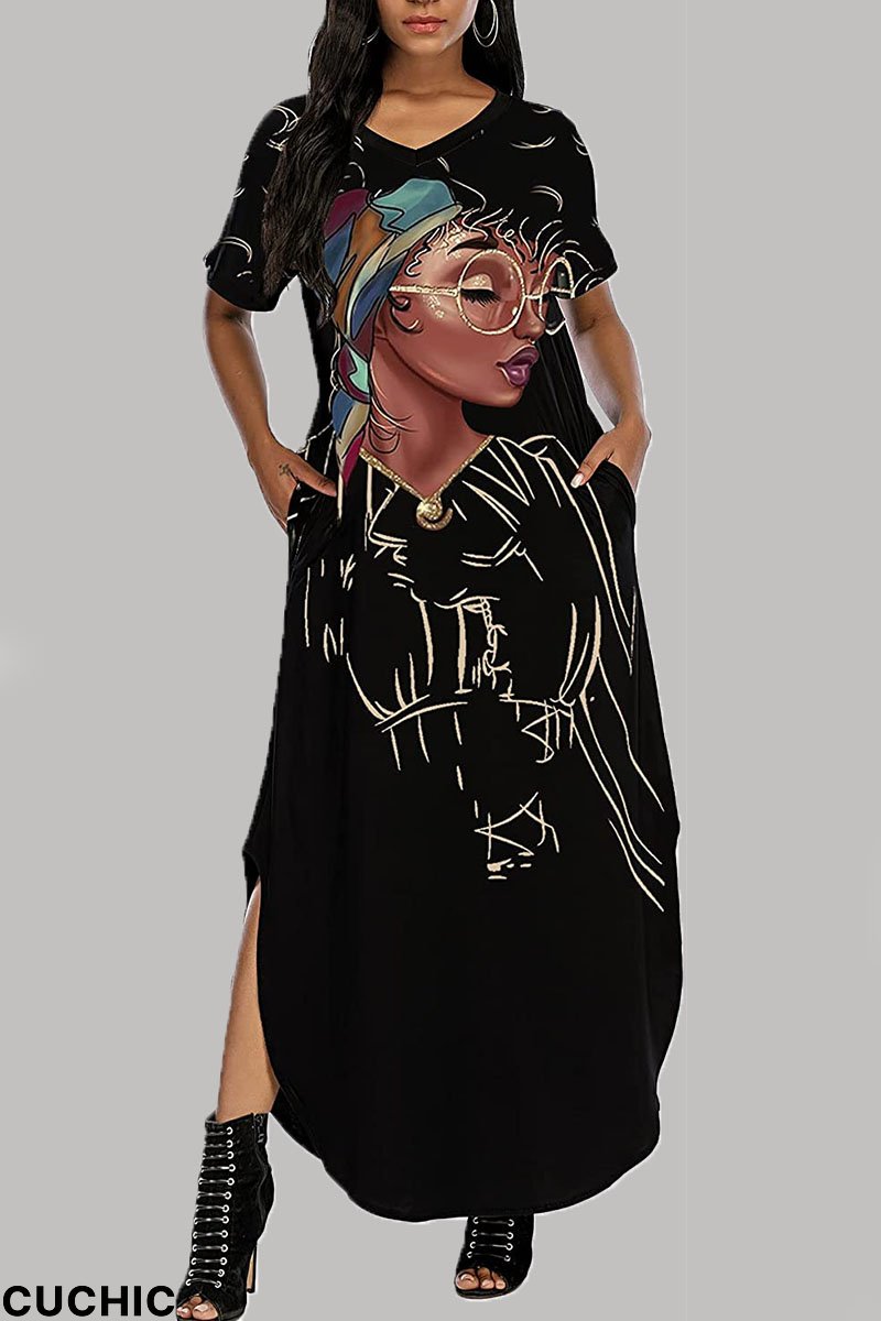 Black Casual Street Print Patchwork V Neck Straight Dresses-CuChic