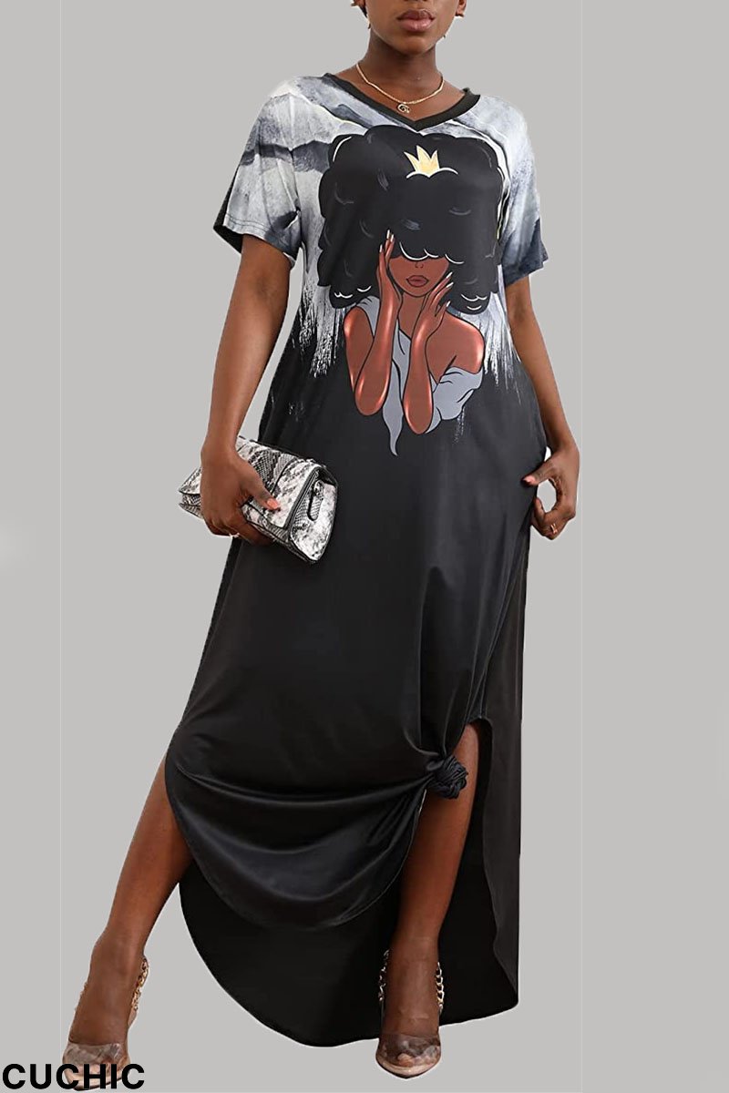 Grey Casual Street Print Patchwork V Neck Straight Dresses-CuChic
