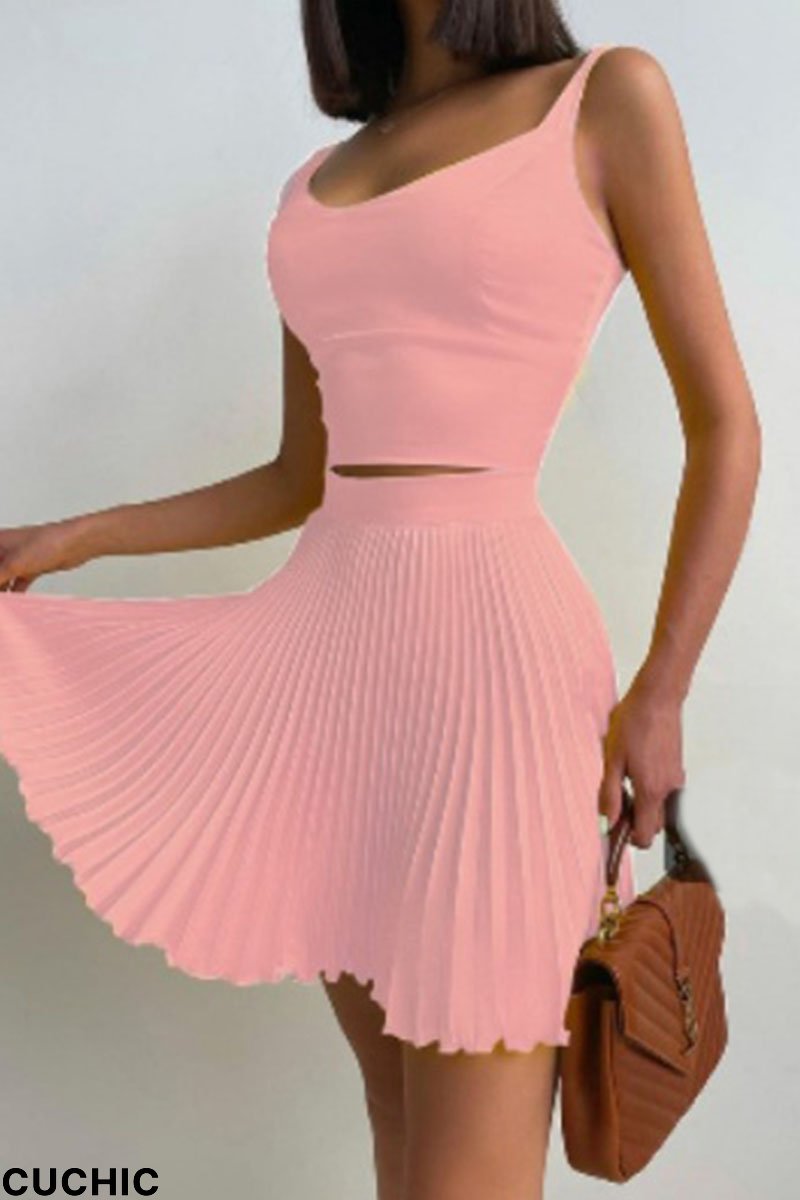 Pink Casual Print Patchwork Fold U Neck Two Pieces-CuChic