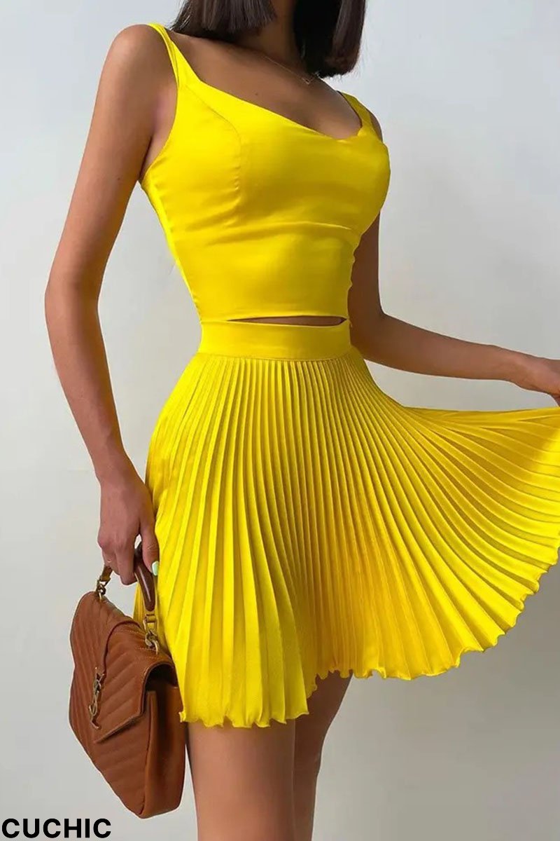 Yellow Casual Print Patchwork Fold U Neck Two Pieces-CuChic