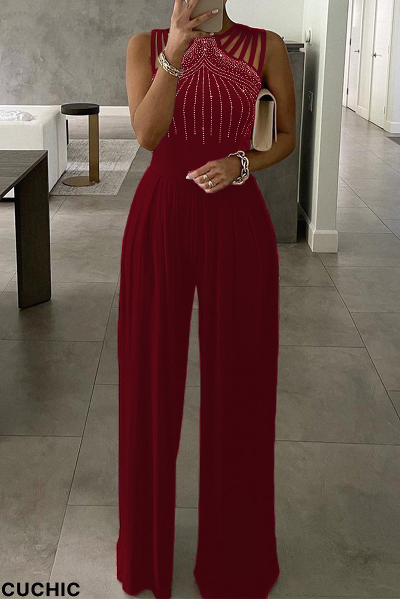 Red Sexy Hot Drilling Split Joint Halter Straight Jumpsuits-CuChic
