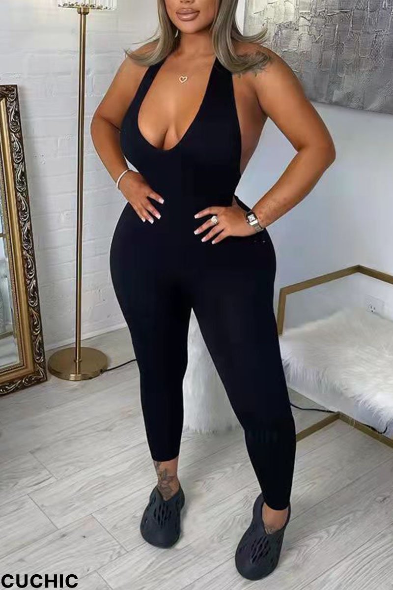 Black Sexy Solid Patchwork Backless Halter Regular Jumpsuits-CuChic