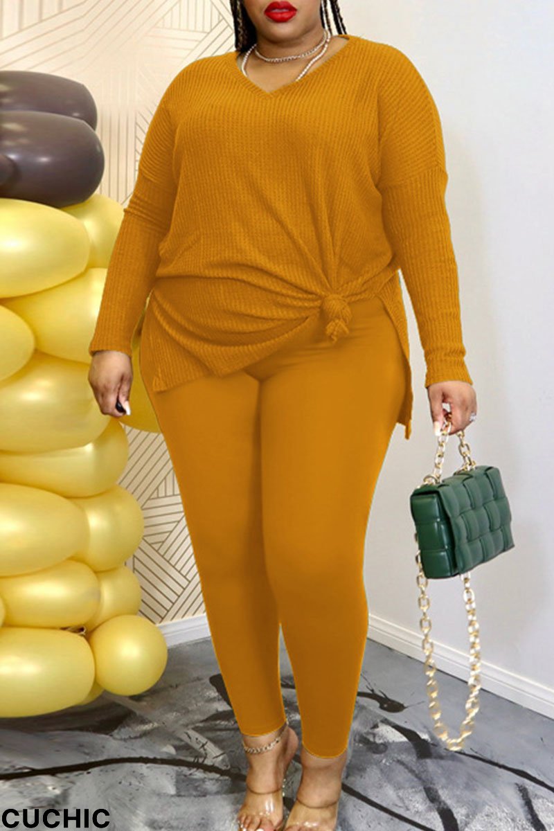 Yellow Casual Solid Patchwork Slit V Neck Plus Size Two Pieces-CuChic