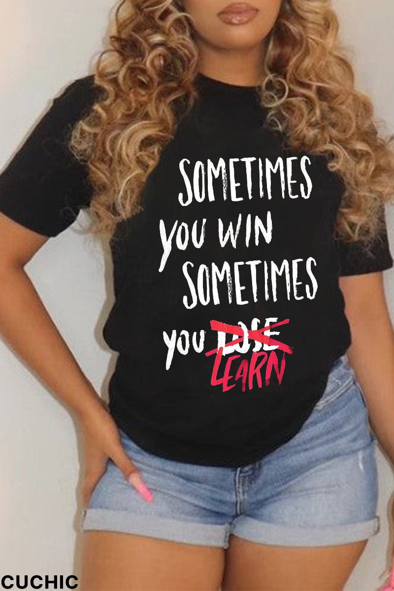 Black Daily Simplicity Print Patchwork Letter O Neck T-Shirts-CuChic