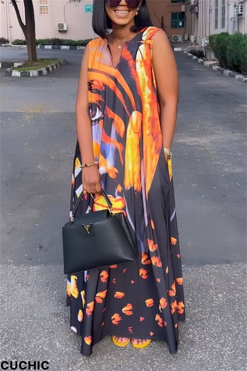 Orange Casual Vintage Vacation Mixed Printing Printing V Neck Vest Dress Dresses-CuChic