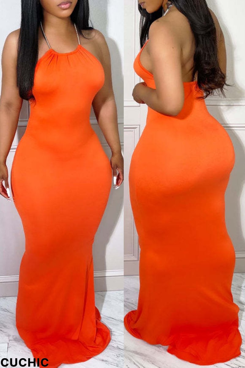 Orange Red Fashion Sexy Solid Backless Halter Long Dress-CuChic
