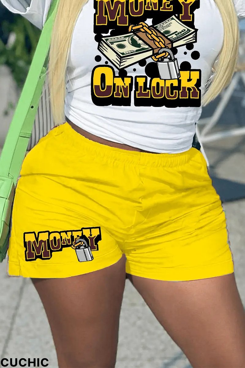 Yellow Fashion Print Patchwork Straight Mid Waist Straight Positioning Print Bottoms-CuChic