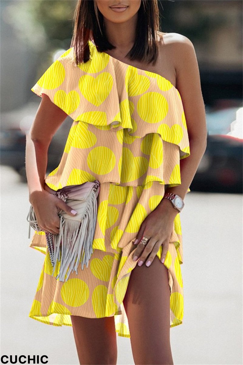 Yellow Fashion Casual Print Patchwork Backless Oblique Collar Sleeveless Dress Dresses-CuChic