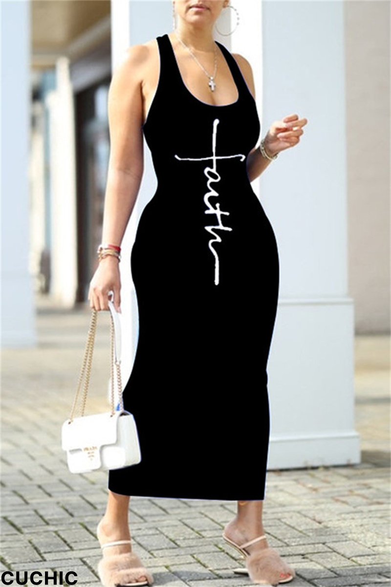 Black Fashion Sexy Print Bandage Backless U Neck Sleeveless Dress Dresses-CuChic