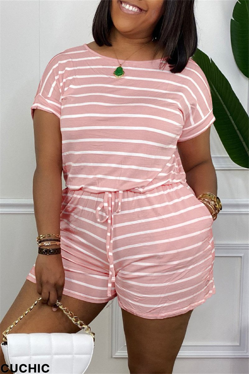 Pink Fashion Casual Striped Print Basic O Neck Regular Jumpsuits-CuChic