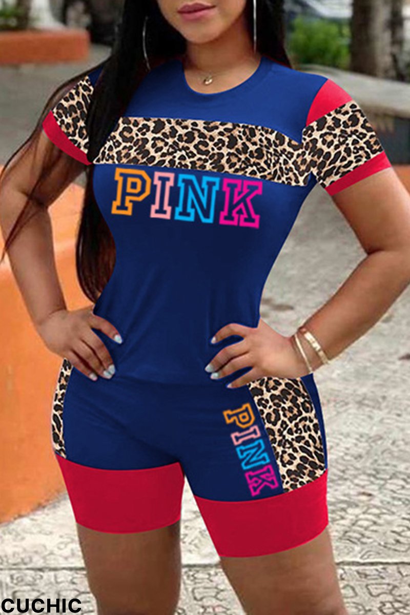 Blue Fashion Casual Letter Print Leopard Patchwork O Neck Short Sleeve Two Pieces-CuChic