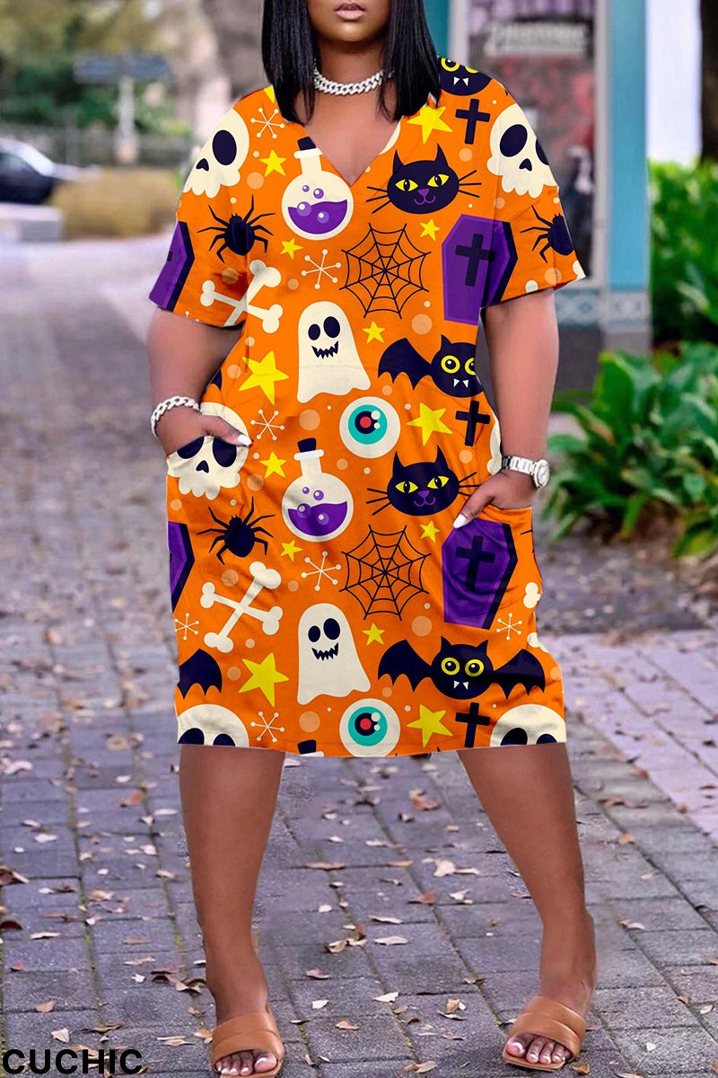 Orange Fashion Casual Print Patchwork V Neck Short Sleeve Dress-CuChic