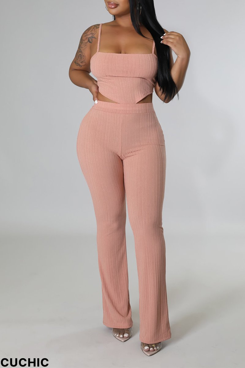 Pink Fashion Solid Patchwork Spaghetti Strap Sleeveless Two Pieces-CuChic