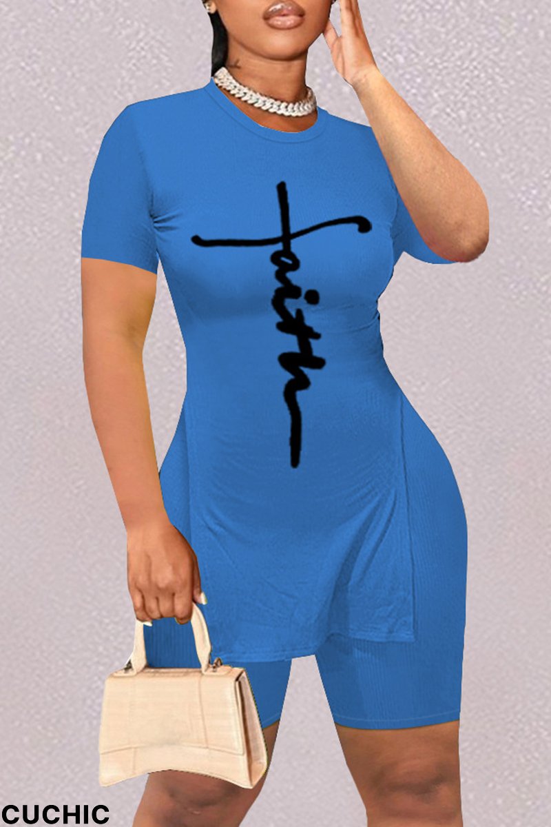 Blue Fashion Casual Print Slit O Neck Short Sleeve Two Pieces-CuChic