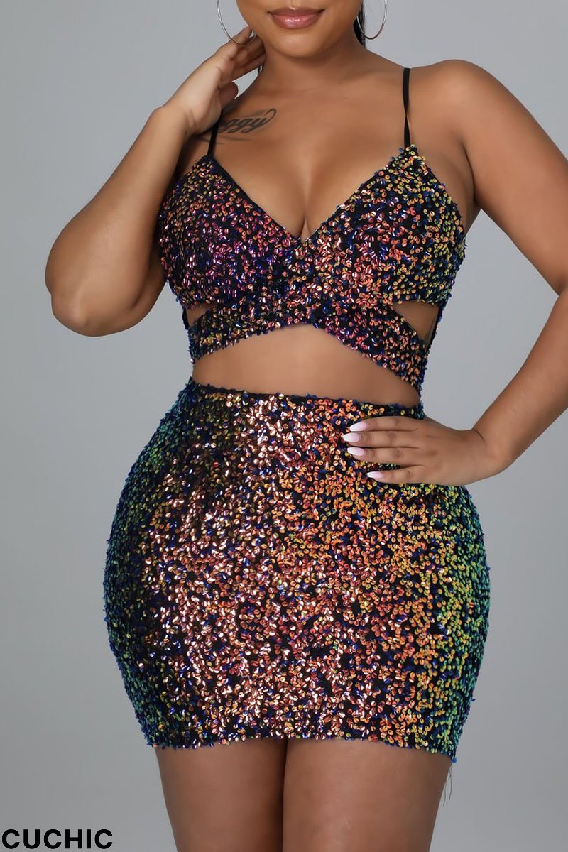 Black Sexy Solid Hollowed Out Sequins Split Joint Spaghetti Strap One Step Skirt Dresses-CuChic