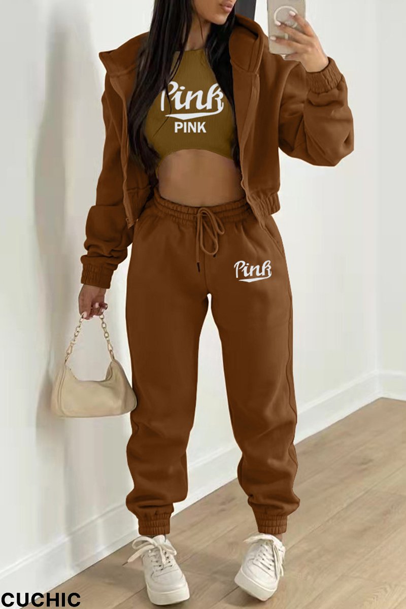 Brown Fashion Casual Letter Print Cardigan Vests Pants Hooded Collar Long Sleeve Three-piece Set-CuChic