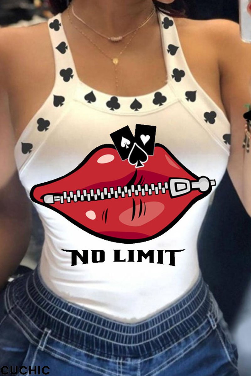White Red Casual Street Print Patchwork U Neck Tops-CuChic