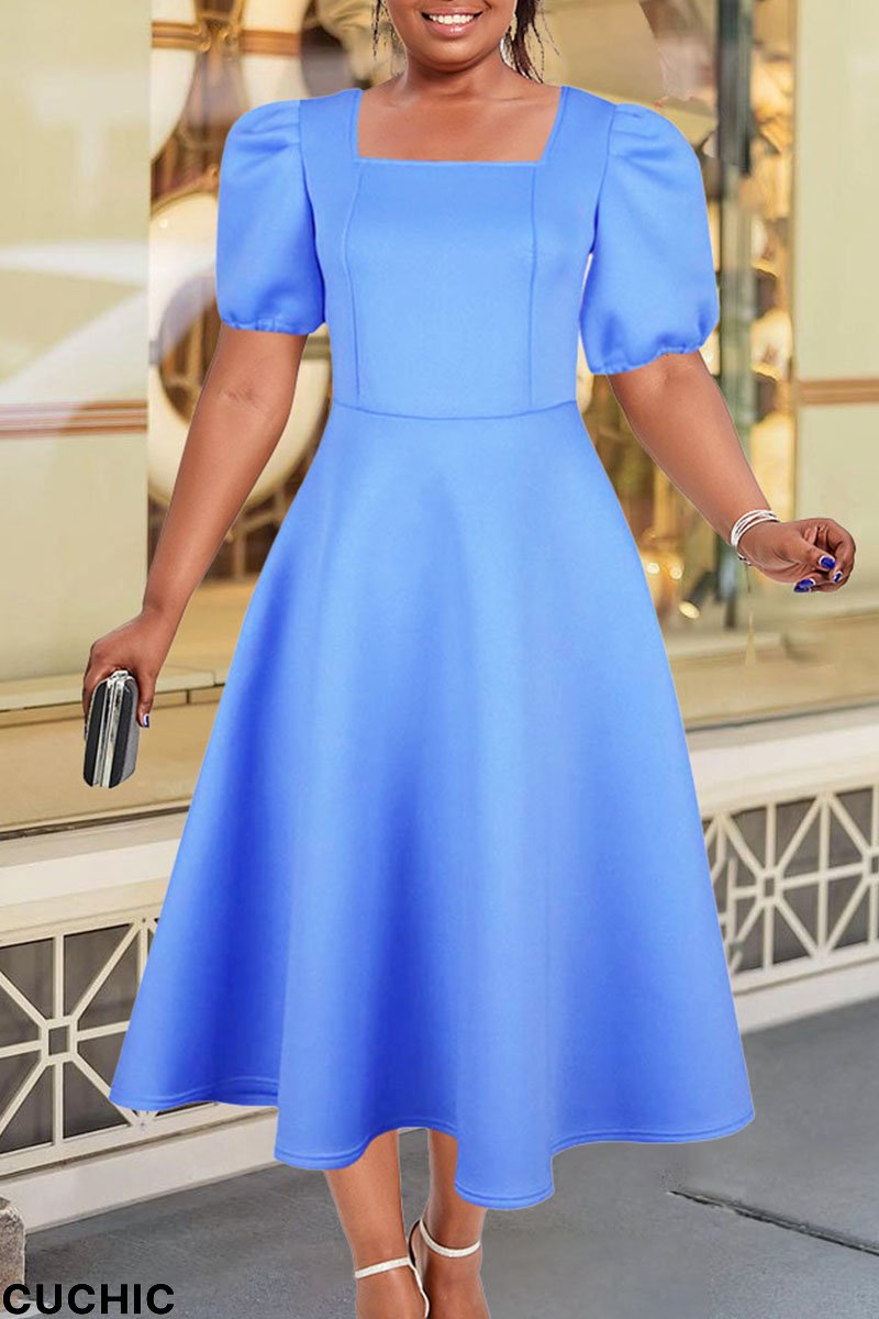 Light Blue Elegant Solid Patchwork Square Collar Evening Dress Dresses-CuChic