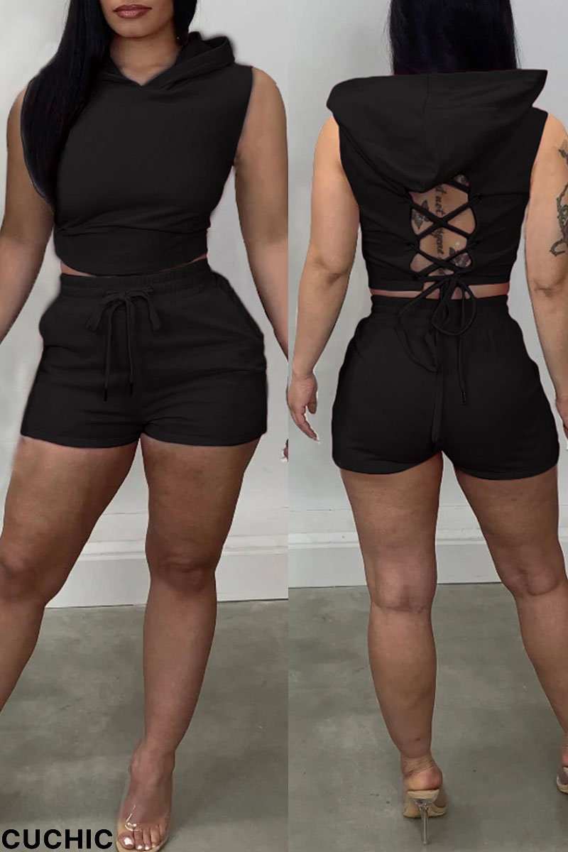 Black Sexy Solid Split Joint Backless Hooded Collar Sleeveless Two Pieces-CuChic