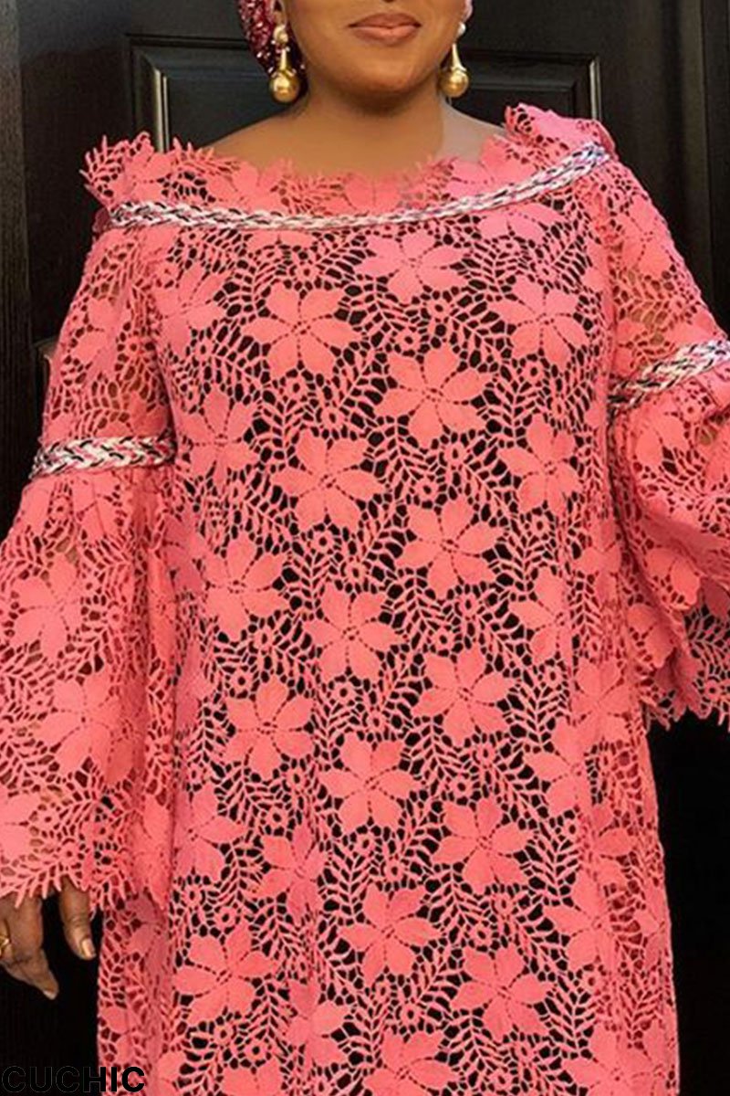 Pink Casual Solid Hollowed Out Split Joint Off the Shoulder Plus Size Dresses-CuChic
