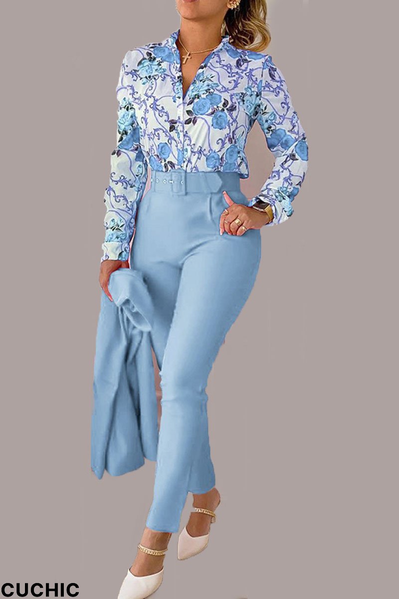 Sky Blue Casual Print Patchwork Buckle With Belt Turndown Collar Long Sleeve Two Pieces(Without Coat)-CuChic