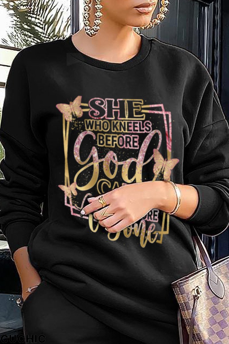 Black Fashion Street Print Patchwork Letter O Neck Tops-CuChic