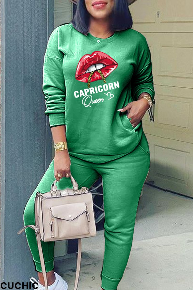 Green Fashion Lips Printed Patchwork O Neck Long Sleeve Two Pieces-CuChic