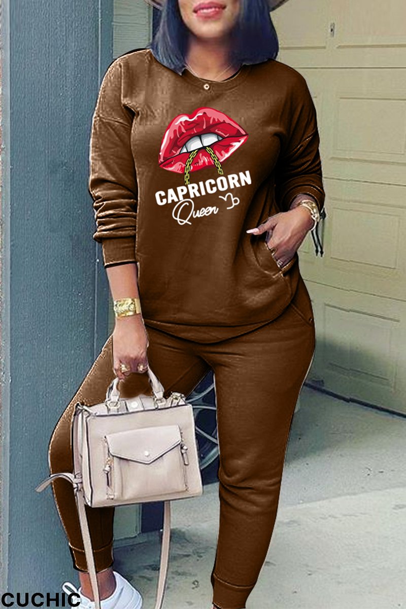 Dark Brown Fashion Lips Printed Patchwork O Neck Long Sleeve Two Pieces-CuChic