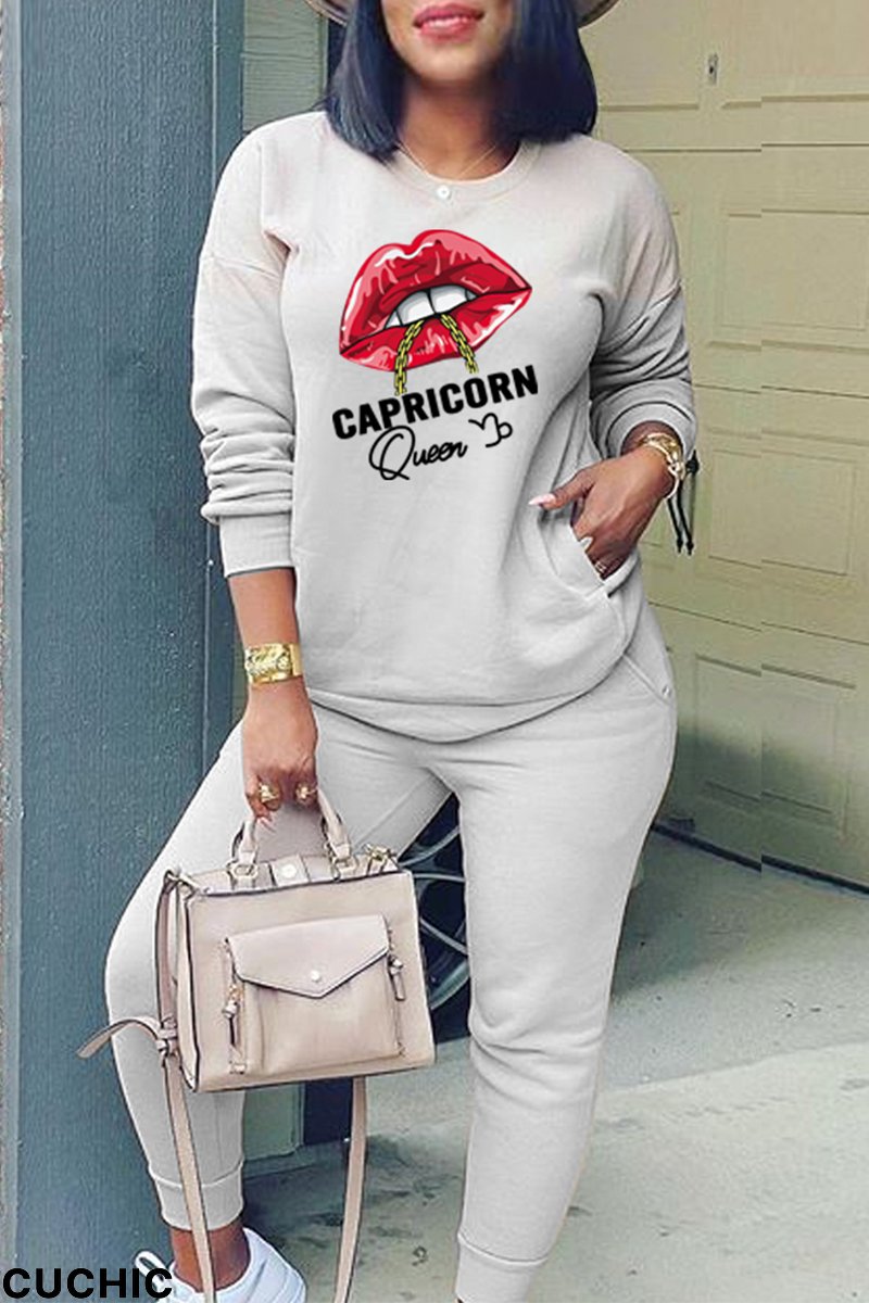 Grey Fashion Lips Printed Patchwork O Neck Long Sleeve Two Pieces-CuChic